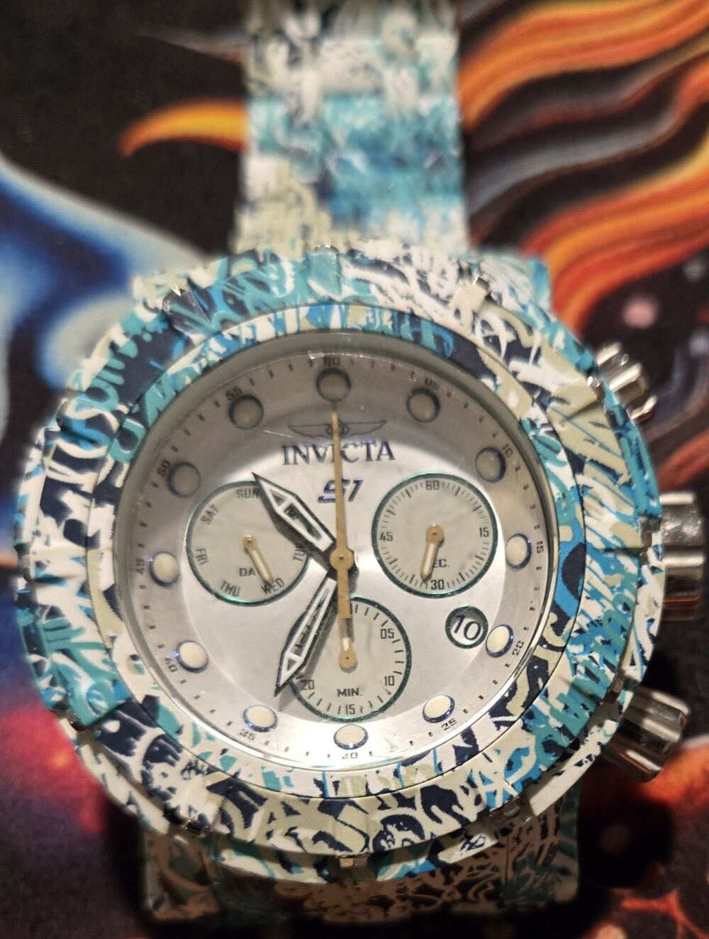 Invicta Teal and White Patterned Men's Chronograph Watch with Silver Dial